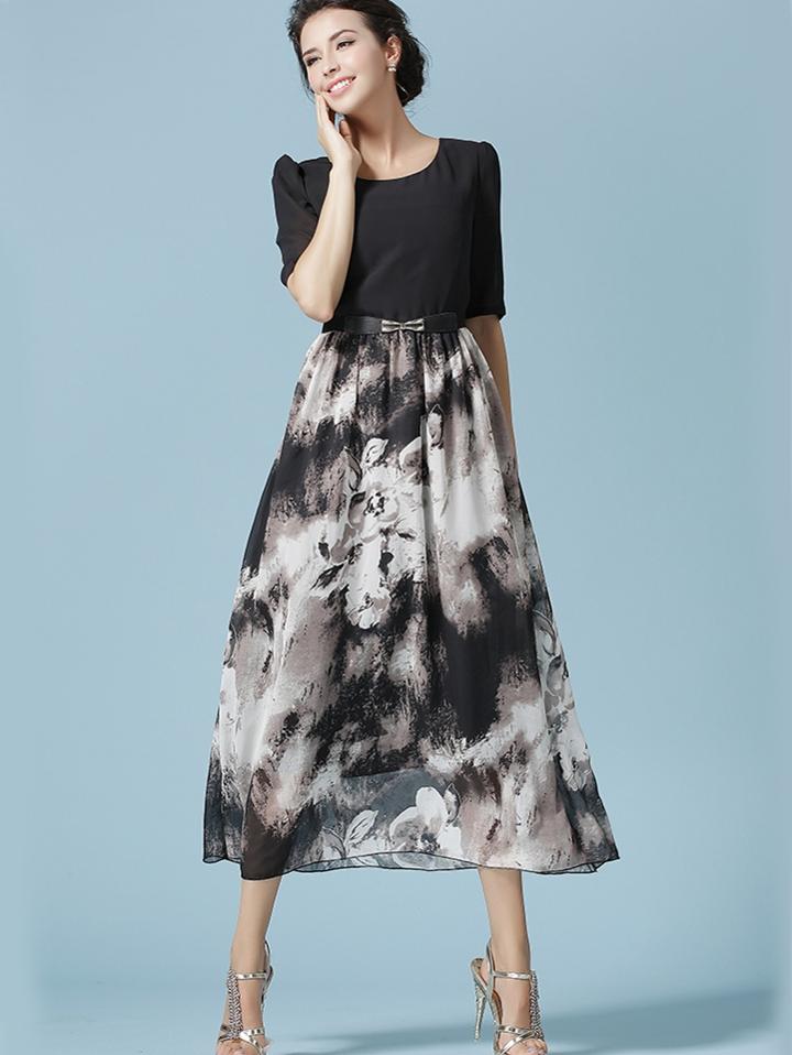 Shein Black Half Sleeve Flower Print Chiffon Dress