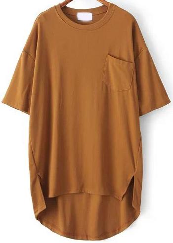 Shein Yellow Pocket Split Dip Hem T-shirt