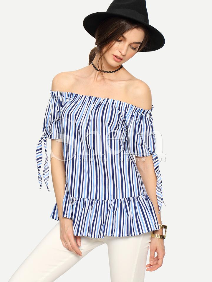 Shein Multicolor Striped Off The Shoulder Tie Cuff Blouse