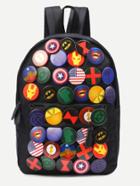 Shein Black Pin Badge Embellished Nylon Backpack
