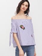 Shein Blue Striped Off The Shoulder Tie Sleeve Top With Patch