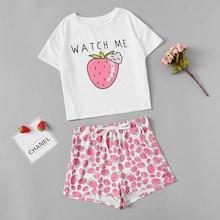 Shein Girls Strawberry Print Tee & Shorts Pj Set