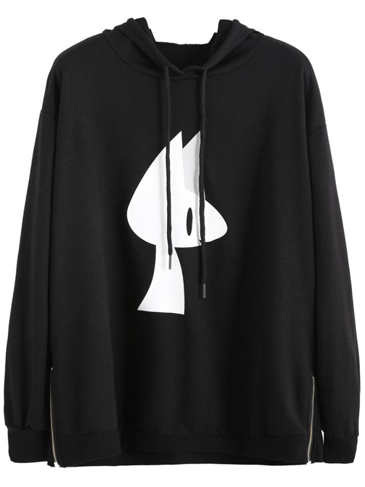 Shein Black Cartoon Print Zips Side Hooded Sweatshirt