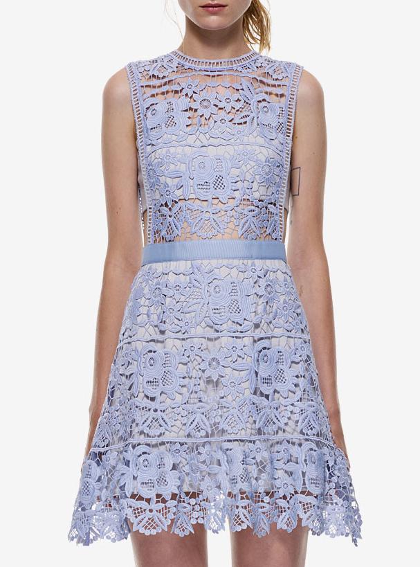 Shein Blue Side Hollow Lace A-line Dress