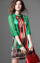 Shein Green Tie-neck Vintage Floral Slim Iridescent Dress