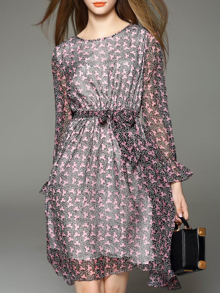 Shein Pink Bell Sleeve Tie-waist Print Dress