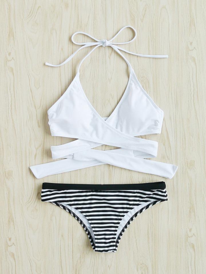 Shein Striped Cross Wrap Self Tie Bikini Set