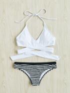 Shein Striped Cross Wrap Self Tie Bikini Set