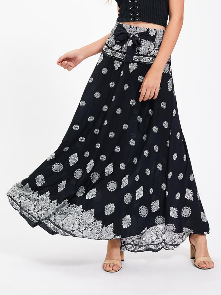 Shein Bow Tie Detail Ornate Print Skirt