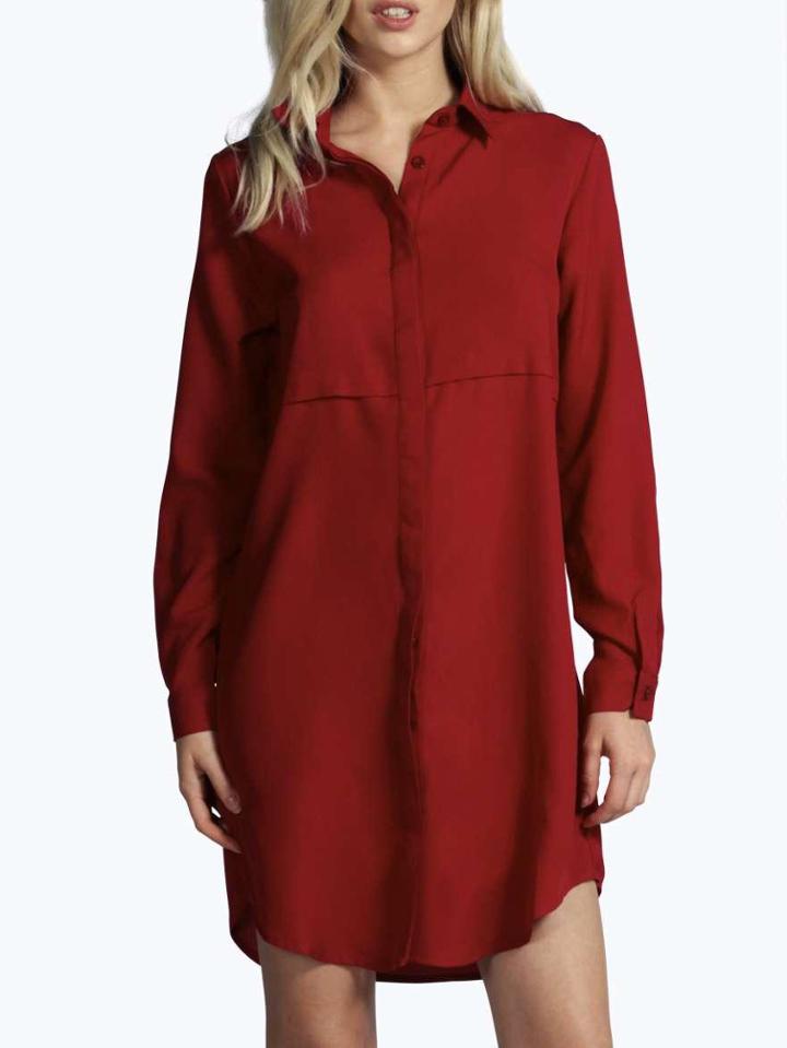 Shein Wine Red Lapel Buttons Shirt Dress