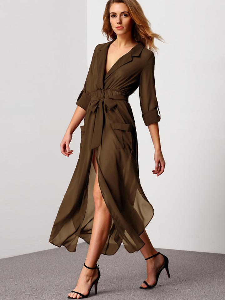 Shein Notch Lapel Rolled Sleeve Pocket Belted Shirt Dress