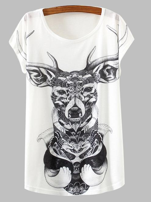 Shein White Horned Deer Print T-shirt