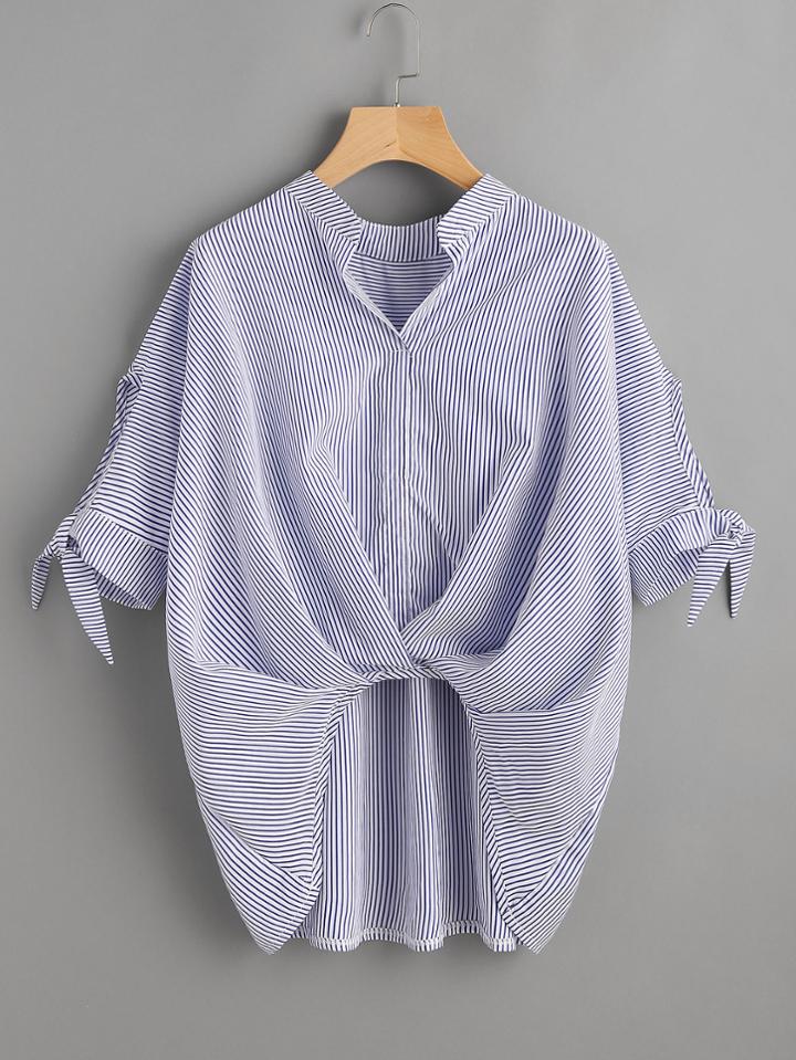 Shein Vertical Striped Box Pleated Tie Cuff Top