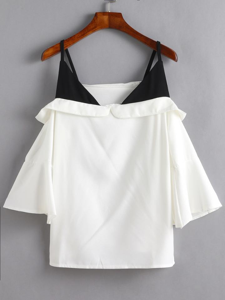 Shein White Bell Sleeve Contrast Cold Shoulder Blouse