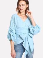 Shein Gathered Sleeve Pearl Beaded Wrap Top