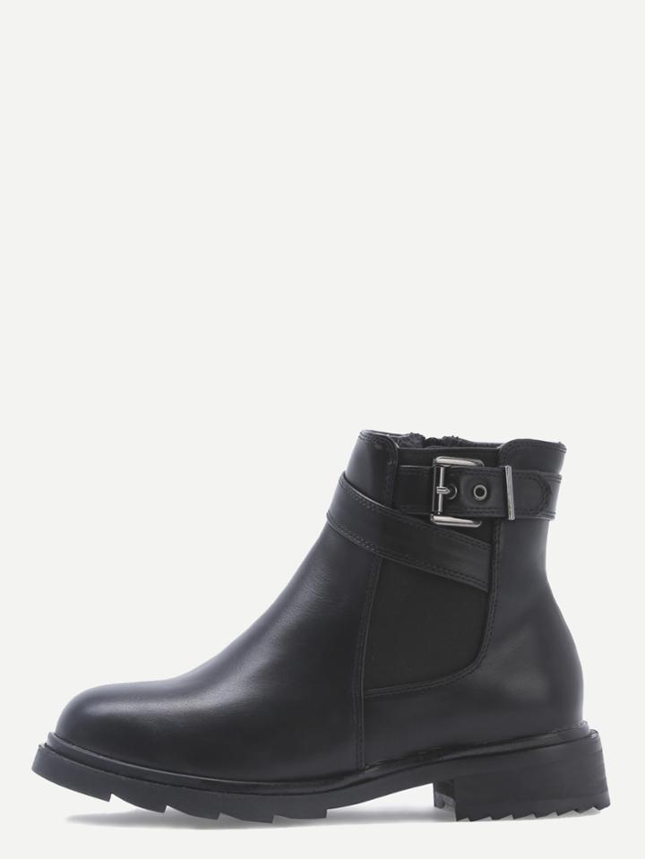 Shein Black Buckle Strap Elastic Low Heel Boots