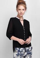 Shein Black Stand Collar Buttons Slim Blouse