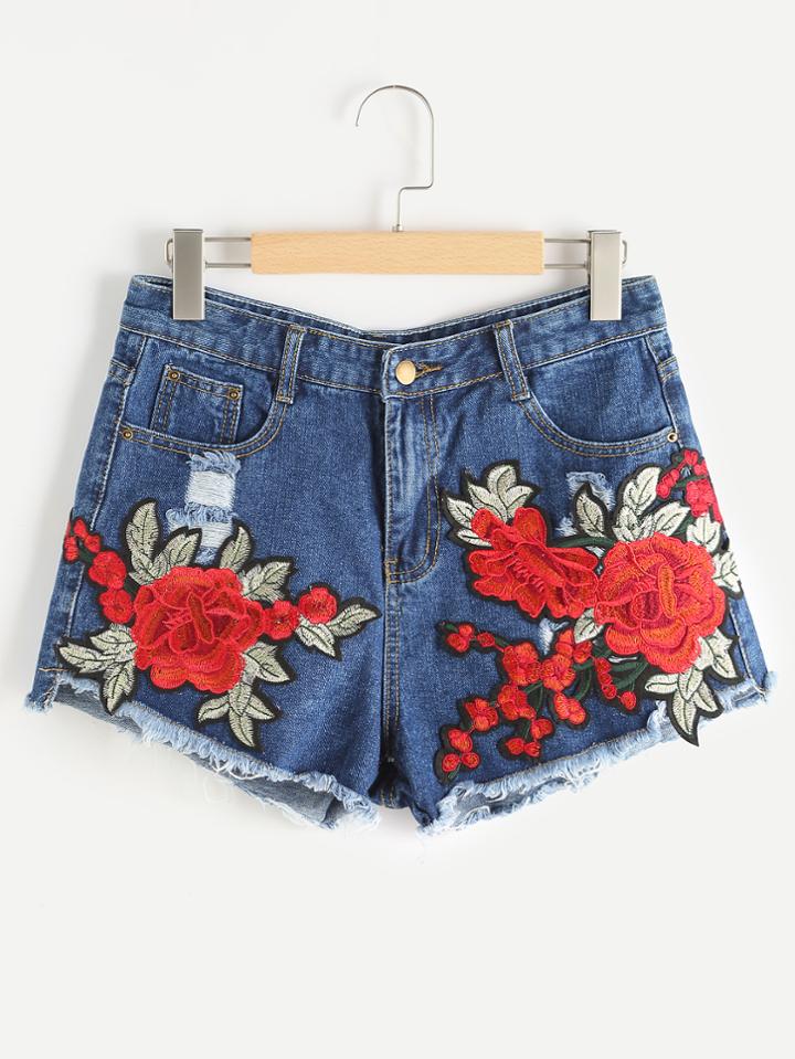 Shein Rose Appliques Ripped Frayed Hem Denim Shorts