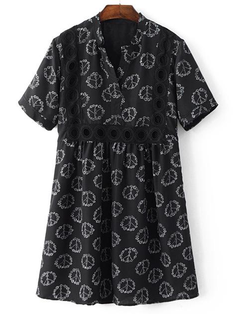 Shein Black V Neck Printed Cutout Pleated Dress