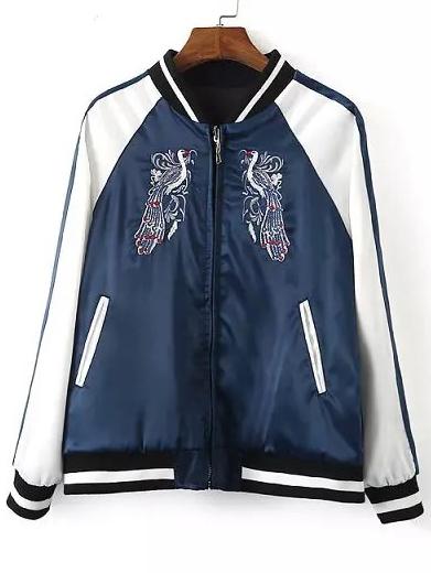 Shein Colour-block Stand Collar Embroidered Jacket