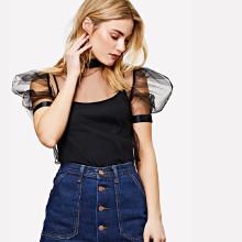Shein Mock Neck Puff Sleeve Sheer Top