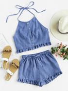Shein Buttoned Front Princess Seam Halter Top And Shorts Set