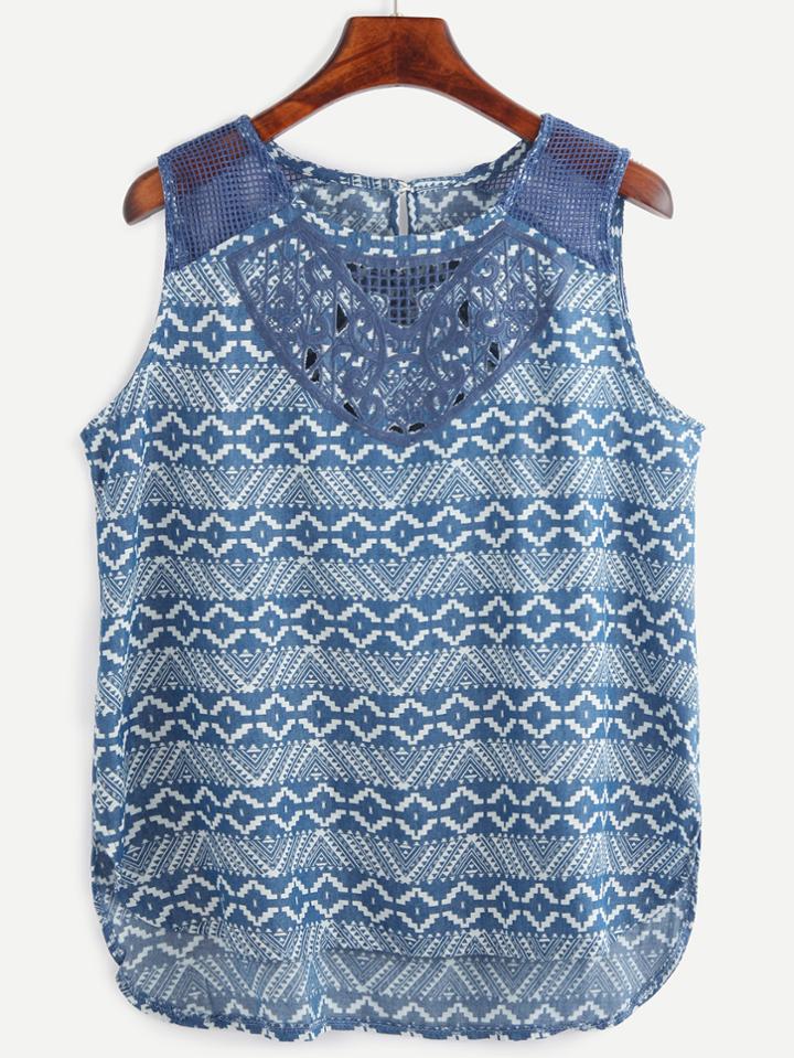 Shein Blue Tribal Print Embroidered Sleeveless Blouse