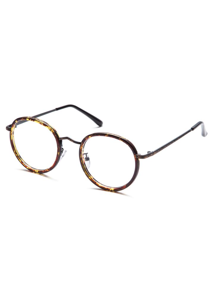 Shein Brown Faux Tortoiseshell Frame Metal Arm Round Glasses