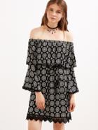 Shein Vintage Print Off The Shoulder Crochet Hem Dress With Belt
