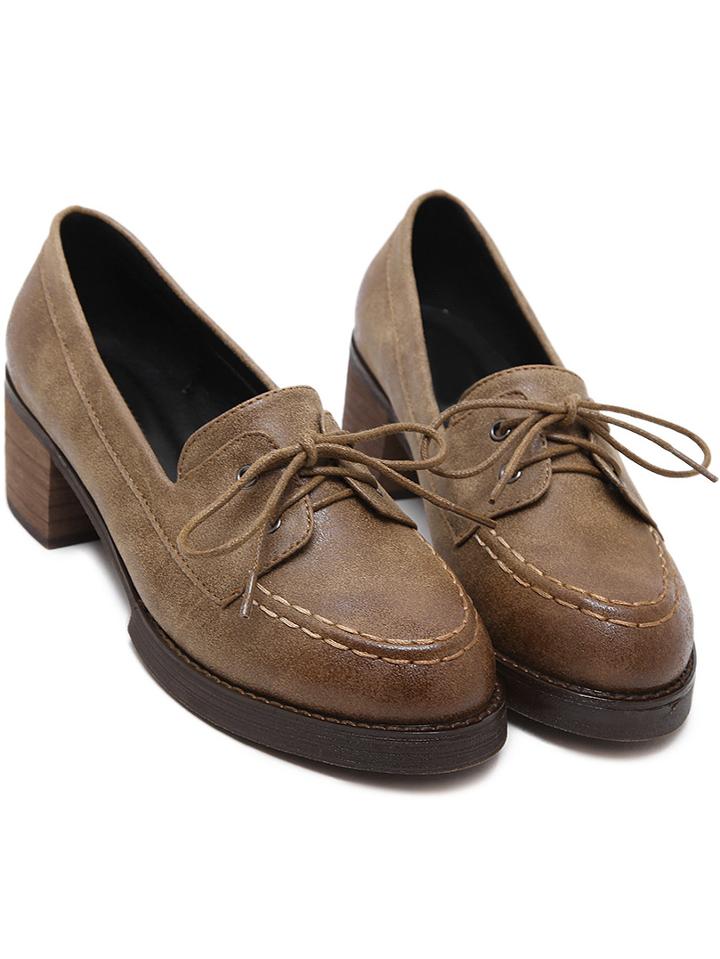 Shein Brown Round Toe Lace Up Chunky Heel Boots