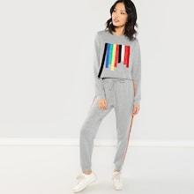 Shein Contrast Tape Heathered Knit Top And Pants Set