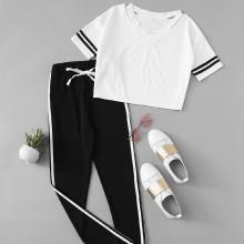 Shein Stripe Contrast Tee & Drawstring Waist Pants