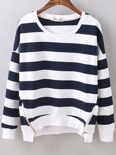 Shein Navy White Round Neck Striped Zipper Sweatshirt