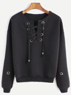 Shein Black Lace Up Metal Eyelet Trim Ribbed Sweatshirt