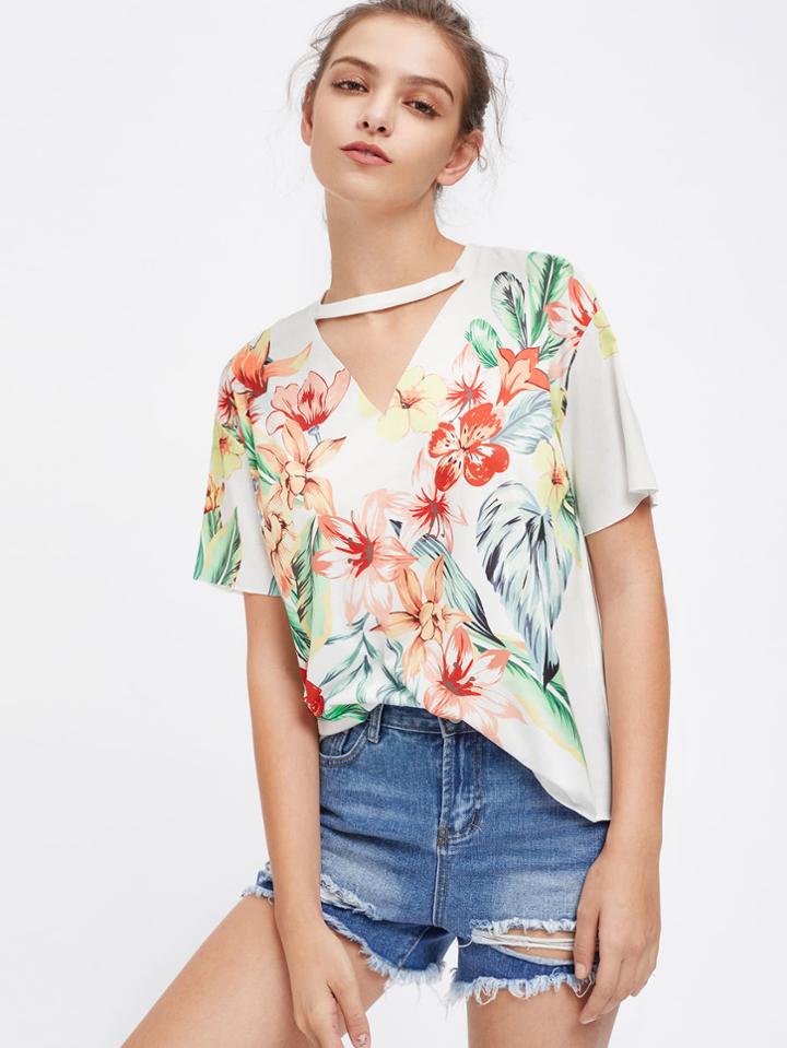 Shein Choker Neck Drop Shoulder Tropical T-shirt