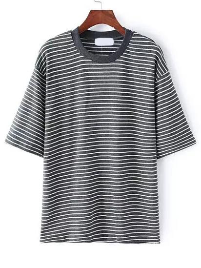 Shein Grey White Crew Neck Striped Loose T-shirt