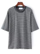 Shein Grey White Crew Neck Striped Loose T-shirt