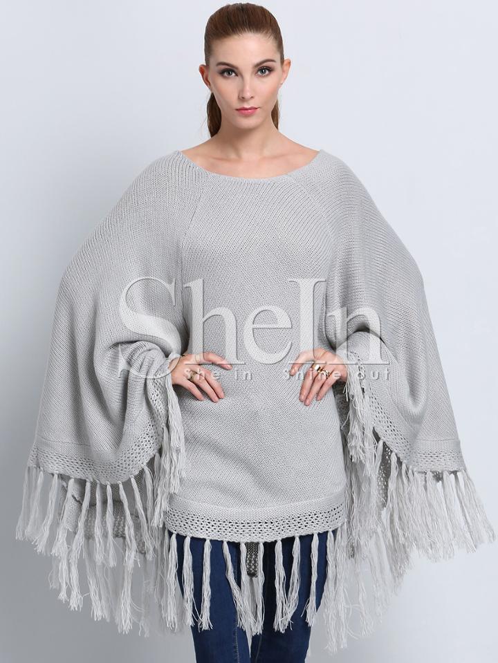 Shein Grey Long Sleeve Tassel Sweater