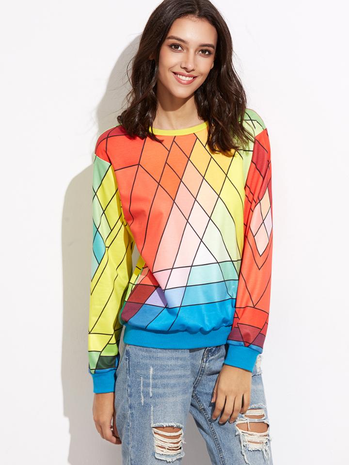 Shein Multicolor Geometric Print Drop Shoulder Sweatshirt