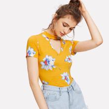 Shein V Cut Choker Neck Floral Tee