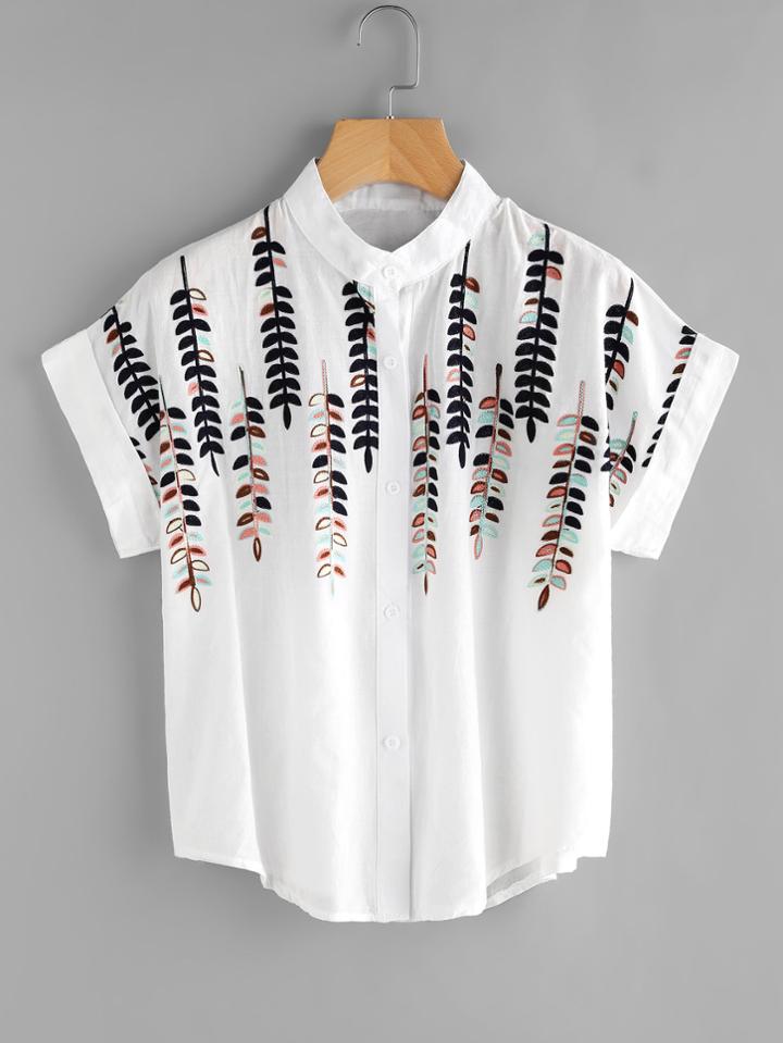 Shein Leaves Embroidery Cuffed Blouse