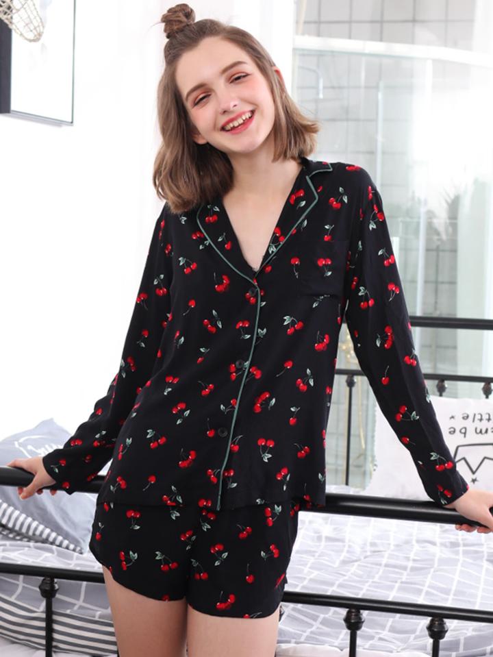 Shein Cherry Print Shirt & Shorts Pj Set