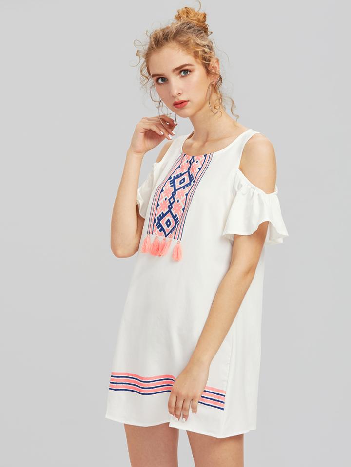 Shein Tribal Print Tassel Trim Open Shoulder Dress