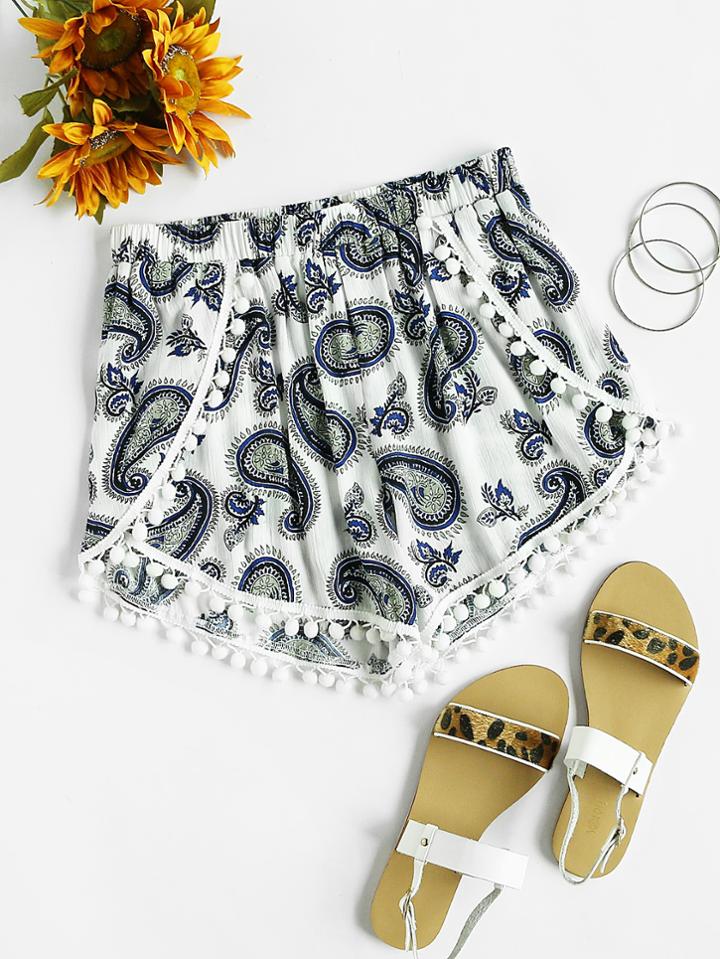 Shein Pom Pom Trim Paisley Print Wrap Shorts