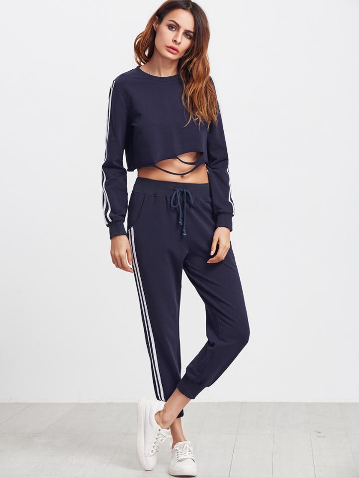 Shein Side Striped Slashed Crop Loungewear Set