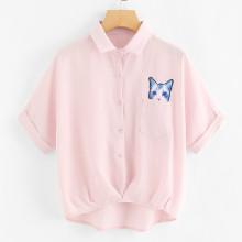 Shein Cat Patched Dip Hem Shirt