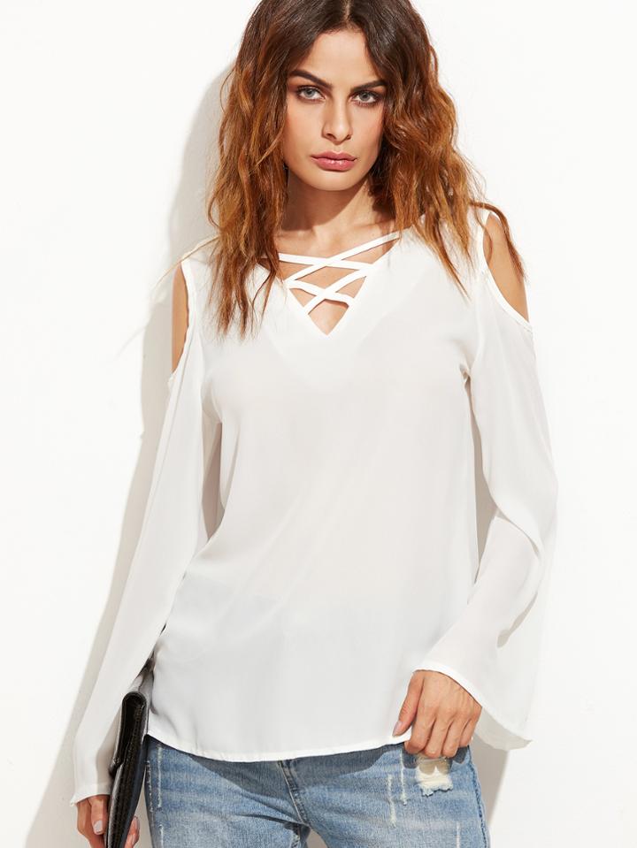 Shein White V Back Criss Cross Cut Out Blouse