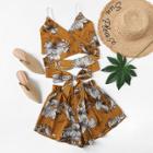 Shein Floral Print Cross Knot Hem Top With Shorts