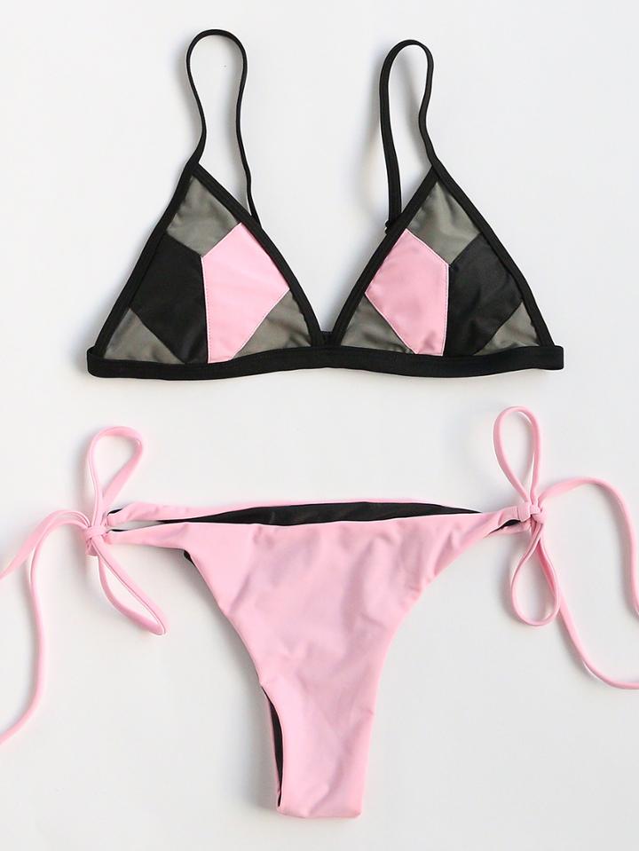 Shein Color Block Triangle Side Tie Bikini Set