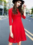Shein Red Round Neck Half Sleeve Hollow Dress